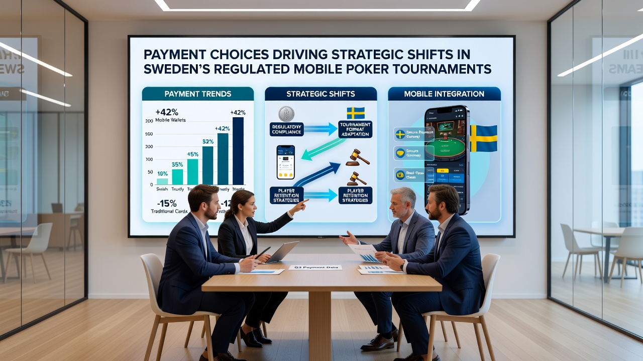 Group of players reviewing tournament schedules and payment confirmations on mobile devices during a regulated Swedish poker event